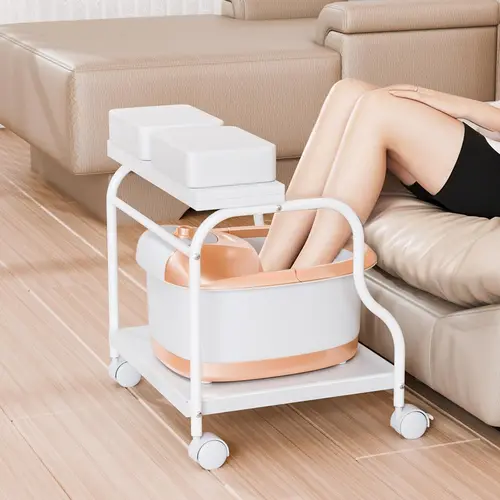 OmySalon Height-Adjusted Pedicure Cart Foot Bath Trolley - Lockable Rolling Multi-Use Salon Furniture with PU Cushion Stool for Spa, Home Use (Nail Estheticians)