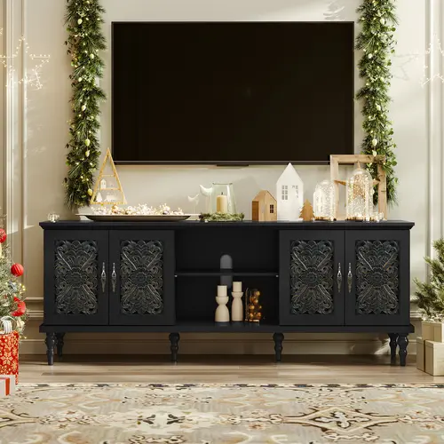 HLR 75-Inch TV Stand - Farmhouse Vintage Carved Wood Entertainment Center with Storage Cabinets, Antique Brass Handles, Wipeclean Finish, Scratch-Resist Top, Gold Accent TV Cabinet Table, Sturdy Living Room Furniture for Families