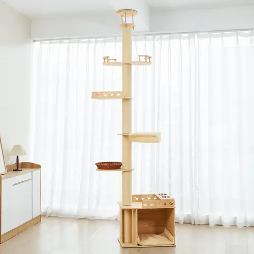 【SohoChic】Adjustable Height Floor to Ceiling Cat Tree Tower (102-118 inches ) 5-Tier Hemp Scratching Post Indoor/Outdoor Sturdy Cat Activity Center with Space Capsule Removable Perches Sisal Scratching Post hideaway condo Hammock cozy cave basket