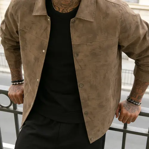 Men's Casual Versatile Fitted Long Sleeve Jacket Coat, Casual Fitted Jackets, 100% Polyester Fiber, Button Front with Snap Closure, Collar Design, Spring & Fall, Casual Outerwear
