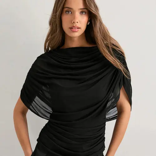 Women's Fashion Sheer Ruched Mesh Top, Drape Design Urban Style, Perfect for Daily Wear or Outdoor, Versatile Stylish Item