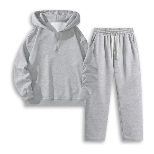 Men's 2-Piece Casual Solid Color Half-Zip Hoodie & Straight-Leg Pants Set, Drawstring Waist, Long Sleeve, Spandex-Polyester Menswear Clothes, All-Season Daily Wear, Gray, Stylish Versatile Comfortable, TikTok Shop SpringSta, Plain