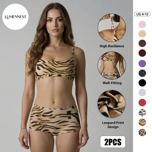 LUMENNEST Women's 2-Piece Nylon Leopard Print Thin Strap Bralette & Panty Lingerie Set - Adjustable, Soft, Lightweight, Breathable, Minimalist, Seamless Smoothing Versatile Underwear for Women,sohochic