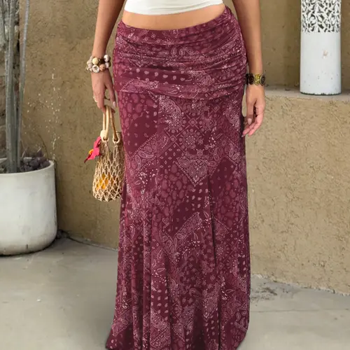 Women Boho Paisley Maxi Skirt High Waist Ruched Slim Fit Vintage Printed Long Skirt Flowing Stretch Soft Fabric Breathable Lightweight Casual Vacation Beach Holiday Party Date Daily Wear Chic Y2K Streetwear Fashion Essential Bohemian Beach Skirt