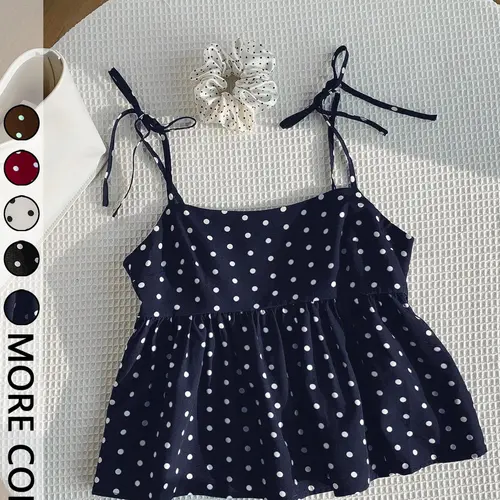 1pc Women's Polka Dot Tie-Strap Camisole with Adjustable Tie Shoulder Straps, Smocked Back and Flowy Ruffled Hem, Timeless Polka Dot Print Babydoll Top, Womenswear