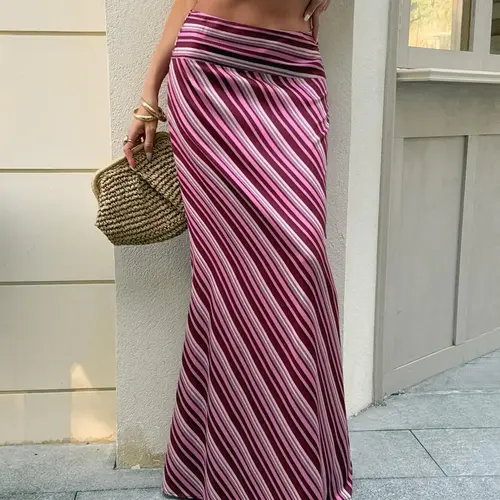 Women's Bohemian Pink and Purple Striped Diagonal Maxi Skirt, Boho Skirts, Y2K Street Style High Waist Foldover Waistband Elastic Bodycon Skirt for Beach, Lightweight Cover Up, Resort Wear for Summer