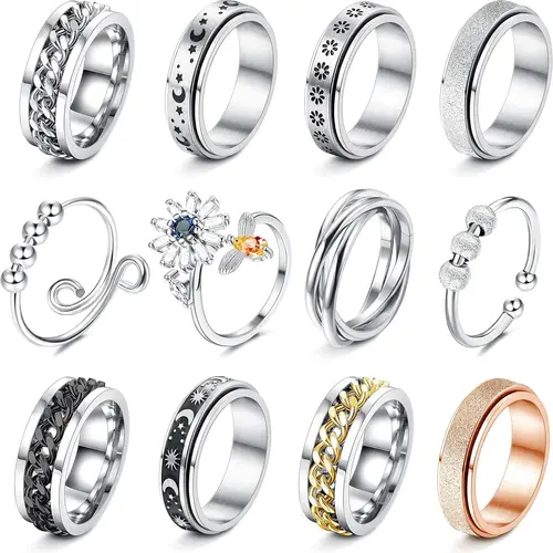 12PCS Fidget Anxiety Rings for Women & Men, Spinner Fidget Rings, Flower Moon Star Design, Stainless Steel, Adjustable Size 7, Stackable Stress Relief Rings Set