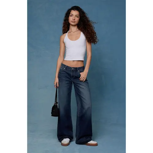 Pacsun Women's Casey Low Rise Baggy Jeans Contrast Stitch Dark Blue