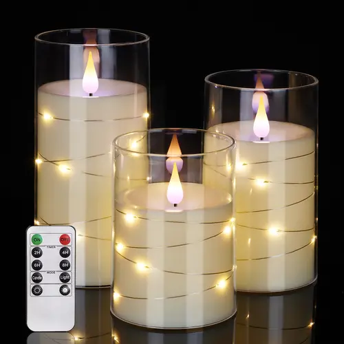 Set of 3 Flickering Flameless LED Candles with Embedded String Fairy Lights, Battery-Operated with Remote, Unbreakable Plexiglass, Mood Decorative Halloween Lights, Home Indoor Lighting for Back to School Deals (Batteries Not Included Implied), Mood Light