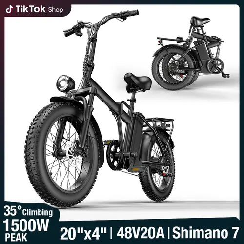 20-Inch Foldable Fat Tire Ebike - 1500W Peak Power, 48V Removable Battery, Dual Bike Seats, LED Headlight, High-Carbon Steel Structure, Full Suspension, for Youth Mountain Biking, Off-Roading, Sports Cycling