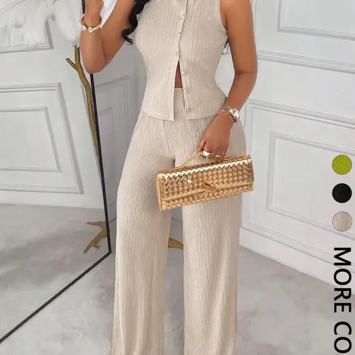 Women's Elegant Business Style Two-Piece Set, Womenswear Sleeveless Top & Straight Leg Pants, Summer Commute, New Arrival