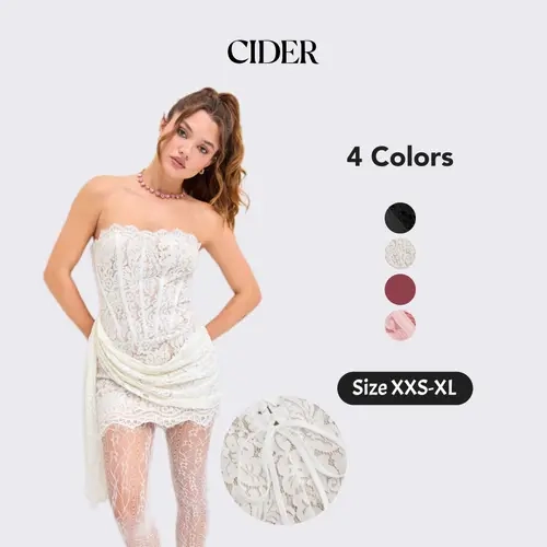 Cider Women's Strapless Sleeveless Lace Mini Cocktail Dress - Floral Embroidery, Tieback Detail, Evening Party Wear for Bachelorette & Clubbing, Womens Fashion Apparel,sohochic