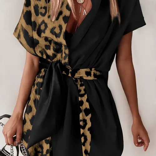 Women's Solid Color Leopard Print Asymmetrical Collar Shirt Dress, Fitted, Dual Color Contrast Design, Stylish Boho Fashion Casual Everyday Wear, Valentine, Womenswear