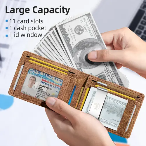 VTLASK 2026 Slim Foldable Men's Wallet - 11 Card Slots, RFID Blocker, Carbon Fiber & Minimalist Leather, Abrasion-Resistant, Scratchproof, Recto Verso, Black, High-Capacity, Cash Pouch Secure, Gift Box Included, Father's Day Gift, Everyday Carry, Money, B