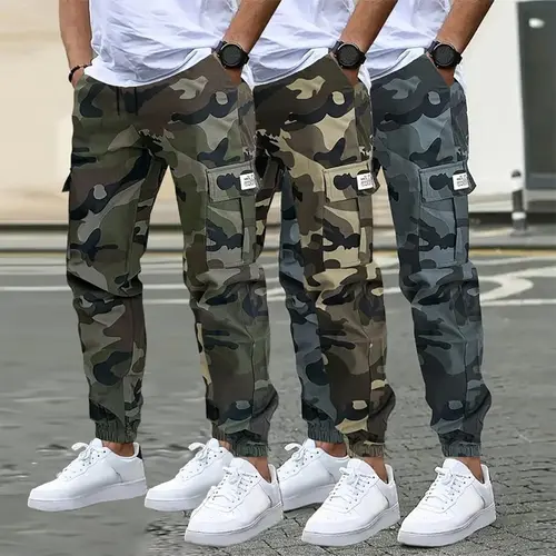 Men's 3-Pack American Style Camo Print Cargo Pants - Menswear, Utility & Military Style, Multi-Cargo Pockets, Stretch Waist, Heavy Duty Tapered, Comfy Elastic for Daily & Work Casual