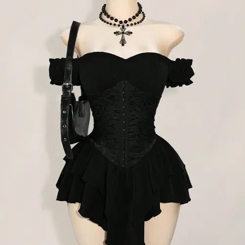 Women's Gothic Off-Shoulder Chiffon A-Line Short Dress - Ruched Jacquard Waist, Ruffle Trim, Soft, Casual, Birthday Dress, Bachelorette Party Going Out Outfit