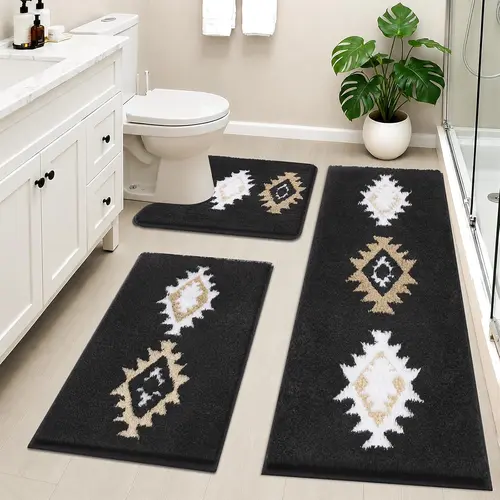 [Back to School] HEBE Boho Washable Bathroom Rugs Set 3 Piece, Non Slip Bath Mat Set, Ultra Absorbent Microfiber Bathroom Mats with U-Shaped Contour Toilet Rug, Aztec Western Bath Carpet Set for Tub, Shower,dorm essentials,home decor,home essentials
