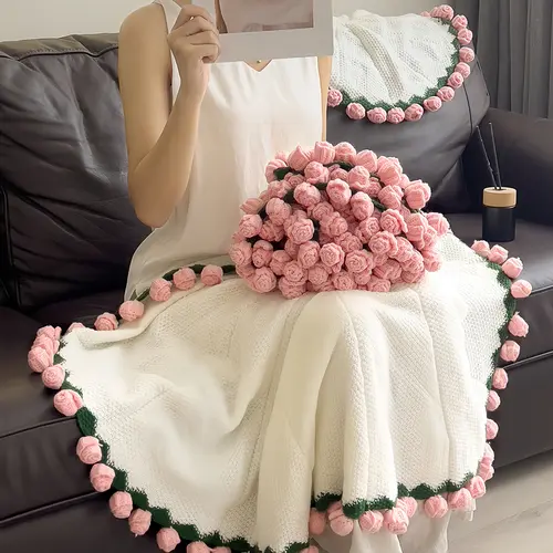 【Graduation Gift】Crochet Flower Bouquet Rose Blanket 2-in-1 Handmade 3D Knitting Round Design 31-62 inch for Mother’s Day Birthdays Anniversary Gifts