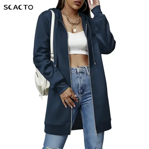 Scacto Minimalist Women Casual Zip up Fleece Hoodies Tunic Sweatshirt Long Hoodie Jacket Long Sleeve fitted striped knitwear summerwins,back to school,back to school shopping Outerwear