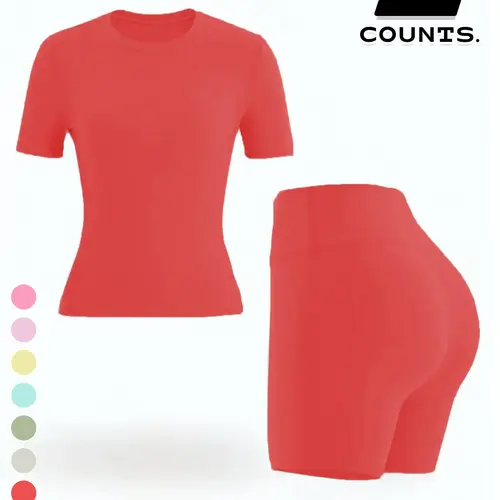 Women's 2-Piece Sport Yoga Outfit, Yoga Fitness Clothing, Plain Short-Sleeve T-Shirt And High-Waist Shorts, Breathable For Gym Running, For All Seasons
