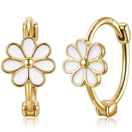Exquisite Small Daisy Flower Hoop Earrings for Women - Genuine S925 Sterling Silver, 18K Gold Plated, Hypoallergenic White Enamel, Small Hinge Style (0.6cm Flower, 1.2cm Dia),summerwins Hoop Jewelry, Cute Daisy Hoops