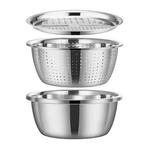 3PCS Sturdy Multi-Functional Thick Stainless Steel Bowls with Strainer Basket - Kitchen Utensils, Food Colander Kitchenware, Filtration Basket, Space-Saving Nesting, Dishwasher Safe, Rust-Proof Essential Set (for Veggie Washing, Rice Rinsing)