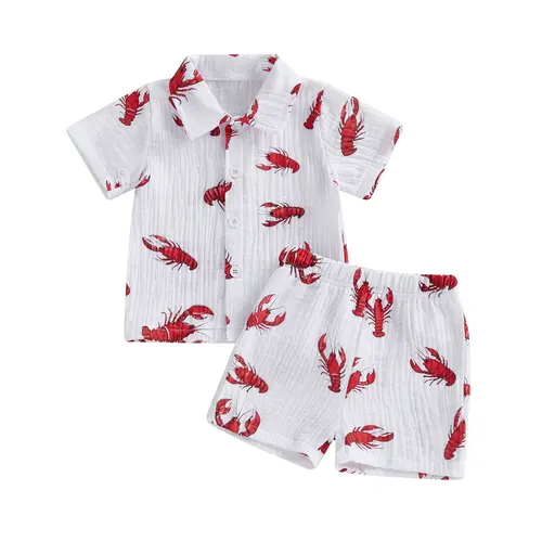 [Lullaby] Baby Kids Boys Shorts Set, Dinosaur/Bus/Crayfish Print Short Sleeve Shirt with Elastic Waist Shorts Toddler Set Summer Outfit