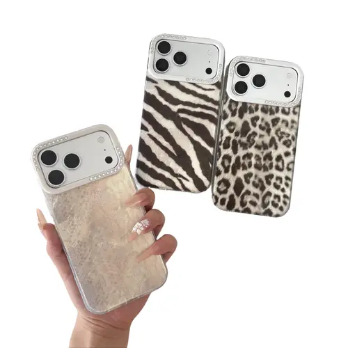 TPU Material Smartphone Case - 3D Rhinestone Glow Textured Zebra+Leopard Mix Pattern Edge Frame, Nordic Stylish Protective Cover for iPhone 17/16/15 Pro Max, Summerwins Mobile Phone Accessories