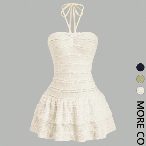 Women's Textured, Smocked, Pleated, Pleats Striped, Solid Sleeveless Mini Dress, Halter Tie Neck, Ruched Bust Detail, Ruffled Tiered Hem, Stretchy Knit Fabric, Adjustable Tie Straps, Date Night, Cocktail Party, Summer & Vacation Wear