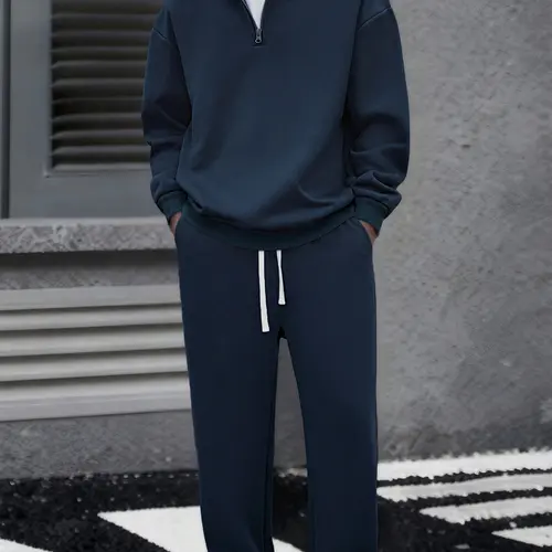 Men's solid color half zipper hooded casual pants two-piece set super soft, breathable, lightweight pullover sweatshirt with adjustable drawstring cap, large pocket, loose fit, daily leisure travel, morning walk, outdoor errand, long sleeved SpringStateme