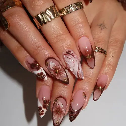 24Pcs Medium Almond French Tip Press-On Nails, 3D Gel Floral Design Flower Nails with Small Gems, Pearls & Nail Charms, Glossy Acrylic False Nails for Women Nail Art Designs