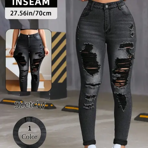 Women's Trendy Fashion Streetwear Ripped Denim Jeans, High Stretch Comfortable Slim Fit High Waisted Jeans, Casual Young Style Trousers Pants Bottoms for All Seasons