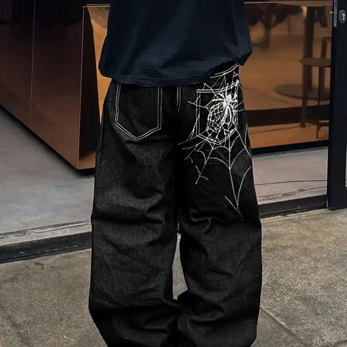 Vintage Washed Rock Style Streetwear Loose Fit Spider Embroidered Denim Jeans, Casual All-Season Wear, Perfect Gift for Husband or Boyfriend