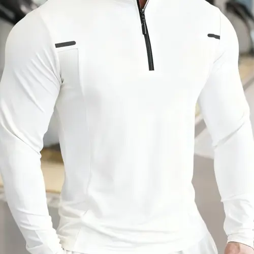 Men's Half-Zip Long Sleeve Tight-Fitting Sports Shirt with Reflective Strips, Soft Stretch Quick-Dry Gym Workout Top, Athletic Style Activewear, Stretchable Activewear, Fitness Shirt, Fitness Clothes Tops, Athletic Clothing