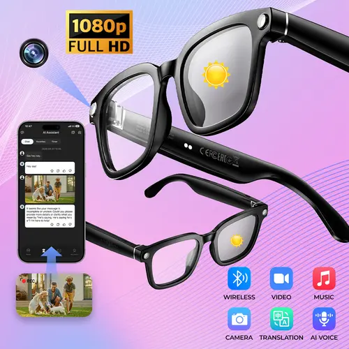 Smart AI Camera Glasses, 8MP Hands-Free Video & Photo Recording, Real-Time Translation (160+ Languages), Photochromic UV Protection Lenses, Bluetooth Wearable Glasses for Travel & Outdoor Wireless Smart Glasses Multifunctional Smart Glasses Multifunctiona