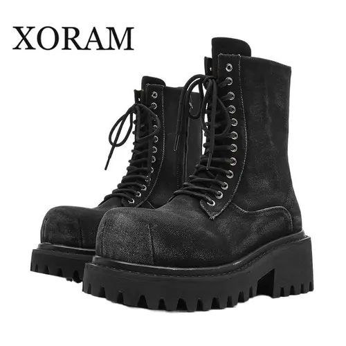 XORAM Men's Shoes New Style Invisible Hidden Heel 10cm Boots Personality Handsome Thick Sole High Top Retro Work Boots 23395-K Footwear Leather