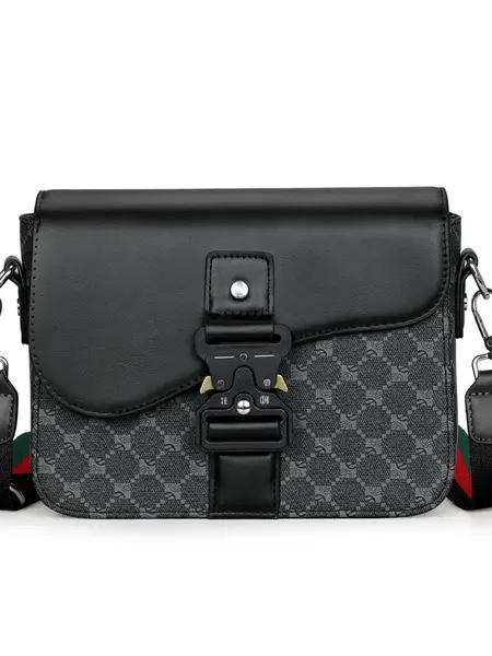 Men's Geometric Pattern Flap Closure Fashion Satchel, Multifunctional PU Leather Travel Crossbody Bag, Casual Daily Use Work School Accessory, Adjustable Shoulder Bag