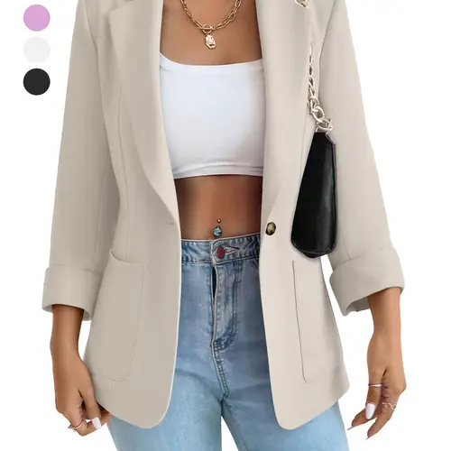 Chic Cropped Sleeve Blazer with Gold Accent – Beige/Purple/White/Black Versatile Suit Jacket | Single-Button Design & Structured Pockets, All-Season Office/Streetwear Blazer for Effortless Elegance-Oversize, Long Sleeve, Basic