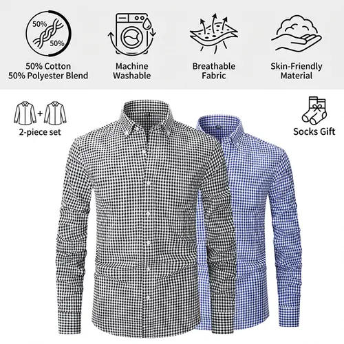 【2PCS】Men's plaid shirt; casual daily breathable long-sleeved stretch button-down collar men's coat. camisas  mangalarga  para  hombres Gingham Checked