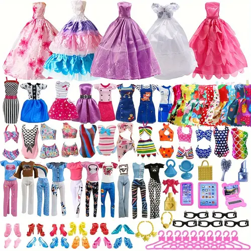 11.5-Inch Doll Outfit & Accessories Set (53 Pieces) - Fashion Doll Bundle with 5 Outfits, 3 Dresses, 3 Bikinis, 5 Glasses, 10 Shoes, 10 Hangers, Cosmetics for Role-Playing Gifting