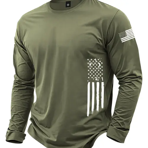 Men's spring and autumn thin long-sleeve T-shirt with loose fit, patriotic pattern print, trendy fashion casual sports outdoor black men's lightweight top, suitable for autumn wear, perfect gift for men, street style, commute, outdoor activities, vacation