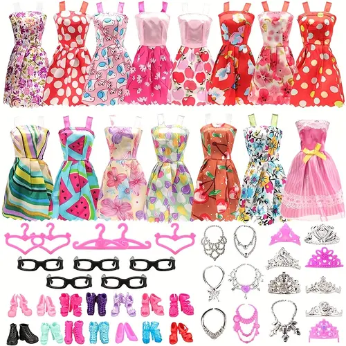 42 Piece Doll Clothes Accessories Set for 11 Inch Dolls, 10 Stylish Dresses 10 Pairs of Shoes 6 Necklaces 5 Crowns 5 Glasses & 5 Hangers, Birthday Gift Role Play Toys