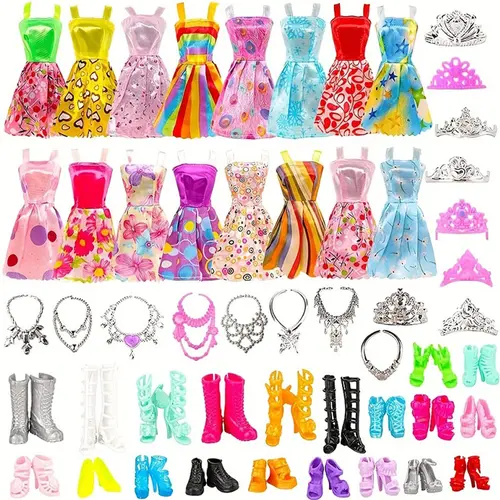 11 Inch Doll Outfit & Accessories Set (32 Pieces) - 10 Random Dresses, 10 Pairs of Shoes, 6 Necklaces, 6 Crowns, Ideal Birthday Gift for Dress Up Doll Role Playing, Dolls Clothes Accessories, Stylish Doll Clothes
