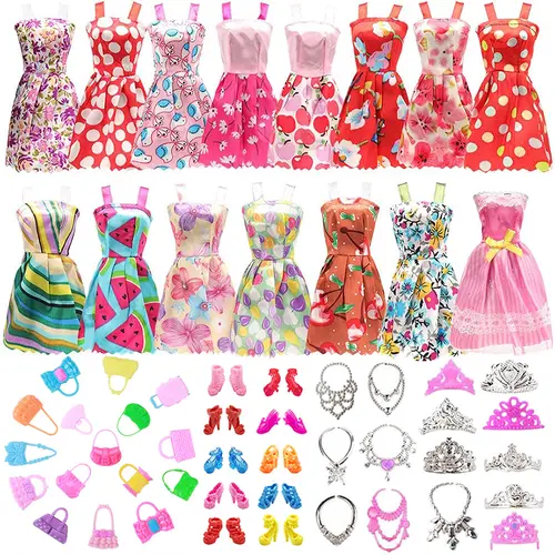 38 Pcs Doll Clothes and Accessories Set with 10 Dresses 10 Shoes 6 Necklaces 6 Crowns 6 Bags for 11 Inch Dolls Birthday Gift Role Playing