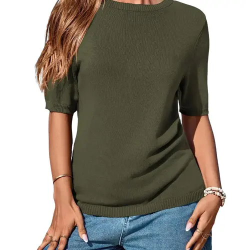 BTFBM Women's Short Sleeve Sweater Spring Tops Crew Neck Lightweight Pullover Loose Dressy Casual Blouse 100% Viscose Basic Clothes