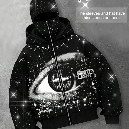 Eye Pattern Long Sleeve Zipper Graphic Print Hoodie for Men, European and American Street Casual Jacket, Autumn and Winter Thermal Lined Hooded Sweatshirt, Ideal for Party & Nightclub, Aesthetic Instagram Style