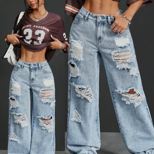 Women's 2026 New Denim Jean Distressed Washed Ripped Design Trendy Fashion Womenswear Wide Leg Fitted Pants Straight Tube Washed Craft Long Trousers