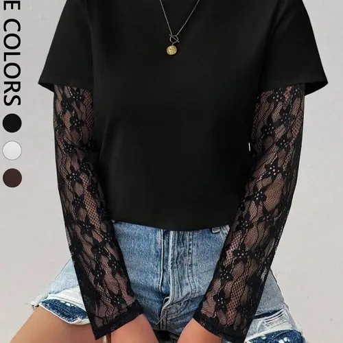Women's See-Through Lace Sleeve Solid Color Round Neck Long Sleeve Fitted Basic Casual Embroidery T-Shirt Tee Top Spring Fall Cloth Fabric For Women Casual Chic Top