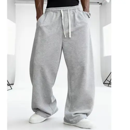Men's Plain Look Fleece Pants - Casual Adjustable Drawstring Waist, Warm for Autumn & Winter, Baggy Oversized Lounge Bottoms, Drawstring Waist Pants