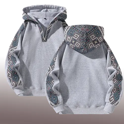 Men's Half-Zip Adjustable Hoodie - Retro Ethnic Thick Knit Sweatshirt with Patchwork Contrast, Warm Fitted Longsleeves Stylish Casual Top, Mens Clothing